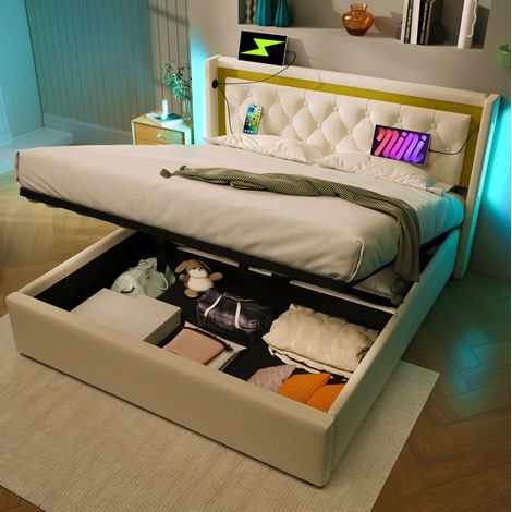 lit coffre 140x200 LED USB-C en coton beige HAVRYA (1/5)