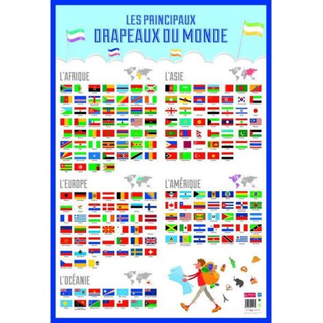 Ac-Deco – Poster drapeaux du monde effaçable à sec – L 76 x l 52 cm – Multicolore – Support souple pelliculé pour résistance
