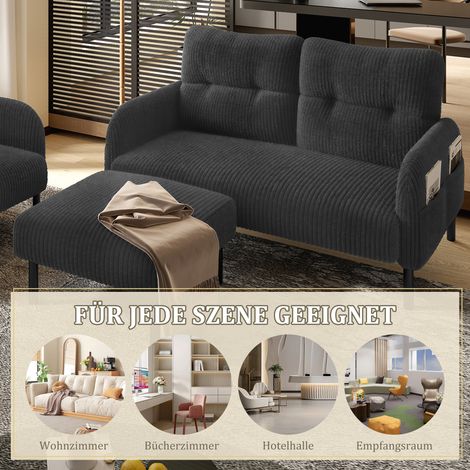 Ensemble canapé 3 pièces : fauteuil + pouf + canapé 2 places, avec poche latérale, cadre en tube d'acier, dossier ultra-doux, assise profonde pour confort maximal, modulable pour salon, gris (1/5)