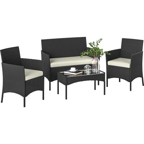 Outsunny conjunto jardín exterior de ratán con cojines resistente a la intemperie con 2 sillones sofá de 2 plazas mesa con cristal negro y crema