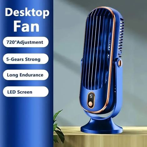 Ventilateur USB portable (bleu) 5 vitesses de ventilation, rotation à 720°, fonctionnement silencieux et rafraîchissant, favorise la circulation de l'air (1/5)
