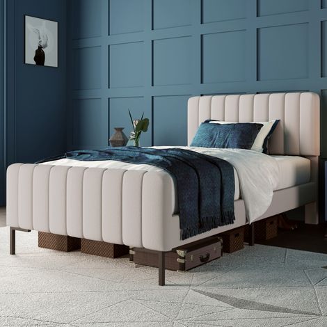 Cama individual 90x200cm cabecero regulable tapizado en lino estructura madera y metal gris y beige (Sin colchón) (1/5)