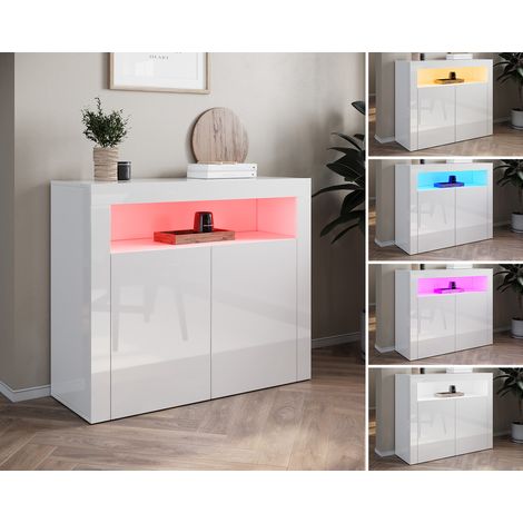 SONNI Aparador Comedor de Salón Estilo Minimalista con Luz LED Regulable y 2 Puertas,Mueble de Cocina Organizador,Color Blanco Brillo,108x40x92cm (1/5)
