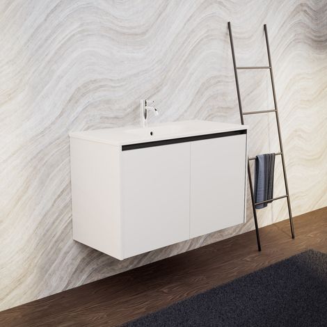Inda - Badezimmerschrank B.100 mit matt/glänzend weißem Waschbecken 2 Türen - Saphir (1/5)