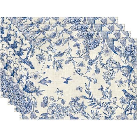 Lot de 4 sets table lin bleu floral – 30x45 cm, résistants chaleur – Réutilisables – Intérieur, extérieur (1/5)
