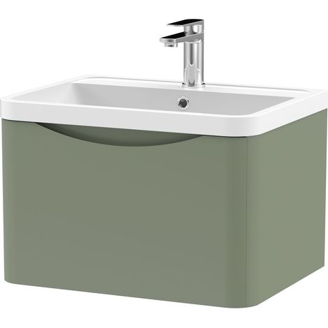 Balterley Dunwood Wall Hung 1 Drawer Bathroom Vanity Unit & Polymarble Basin, Satin Green, 550mm (1/4)