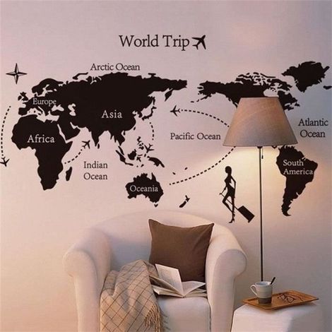 KLVGTIFS PUSticker mural carte du monde GETEK - Décoration murale de style pour les amateurs de voyage - Noir (1/4)