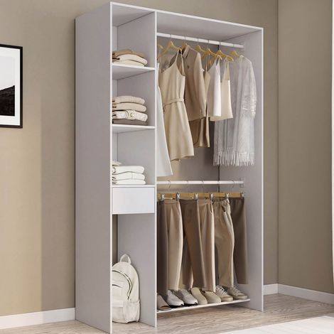 Armario doble L. 110 cm MIRTY con estantes + cajón + compartimentos para zapatos, color blanco (1/5)
