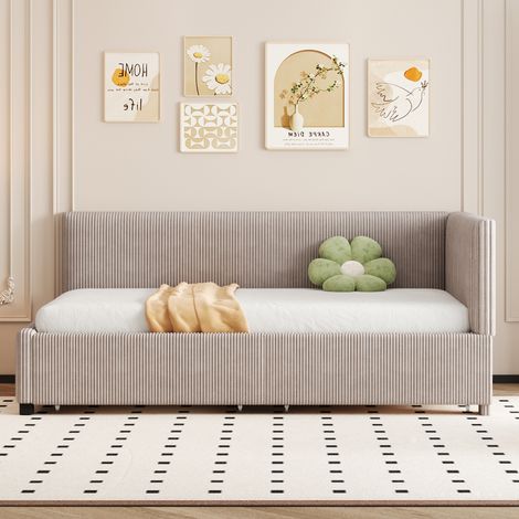 Canapé convertible Velours Gris 90x200 cm, 2 grands tiroirs de rangement intégrés, sommier fourni, tissu doux (1/4)