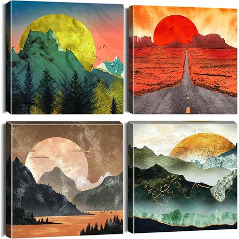 Lot de 4 tableaux sur toile motif coucher de soleil paysage montagneux 30x30cm (1/5)