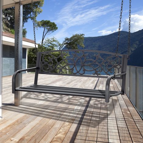 Banco Columpio de 2 Plazas Banco Colgante con Reposabrazos para Jardín Terraza Exterior 127x59,5x52 cm Negro (1/5)