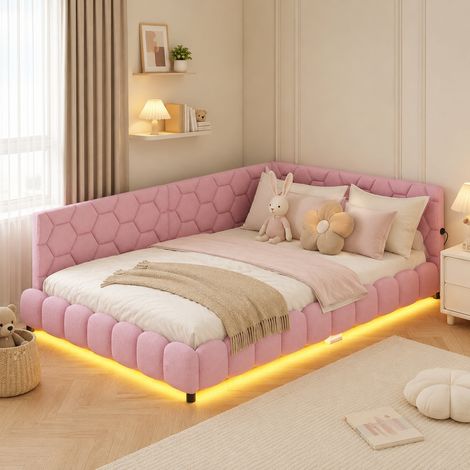 Canapé-lit capitonne 140x200 cm, avec Cercle de LED au Pied du lit, avec Charge USB, lit Double, Multifonctionnel, avec sommier à Lattes, sans Matelas, Rose (1/5)