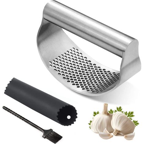 Edelstahl-Wipp-Knoblauchpresse – Knoblauchhacker-Werkzeug, tragbarer Knoblauchbrecher, Ingwerschneider, Knoblauchpresse, Schneider – Silikon-Knoblauchschälerrohr und Reinigungsbürste, Küchenhelfer, Kn (1/5)