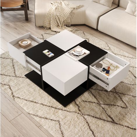 Table basse carrée 70x70x35.5 cm noir et blanc en panneau de particules avec 2 tiroirs et rangement discret (1/5)