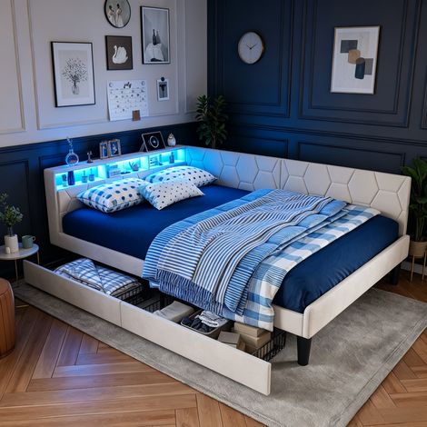 JOOKGBD-Polsterbett Schlafsofa 140x200cm mit LED-Beleuchtung und Stauraum,Jugendbett mit USB-Ladefunktion & schubladen,Kinderbett mit Lattenrost,Samt,für Wohnzimmer,Schlafzimmer,ohne Matratze,Beige