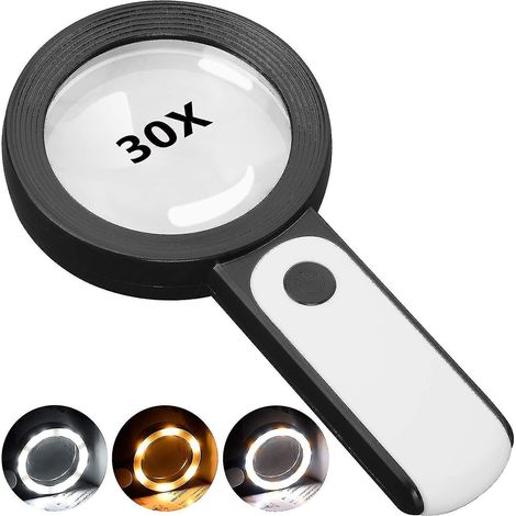 Loupe lumineuse portable 30x, grande loupe de poche avec 18 LED à lumière chaude et froide (3 modes), loupe éclairée pour seniors. (1/5)