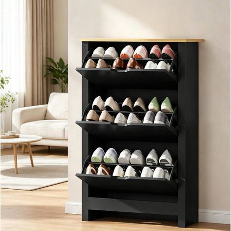 Schuhschrank mit 3 Klapptüren, 2 Ebenen, 72 x 26 x 112 cm, Schwarz und Holz, OKMYHOME (1/5)