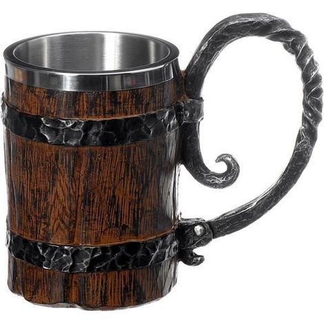 UNIQUE V 600ml Mug Bois Simulation Brut Grande Tasse à Boire Double Paroi Isolé Tasse Vin Gobelet en Métal (1/4)