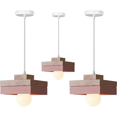 3pcs Moderne Lustre Vintage en Carre,Suspension Luminaire Industriel en Bois E27 Lampe de Plafond intérieur Retro,18x18cm,Rose (1/5)