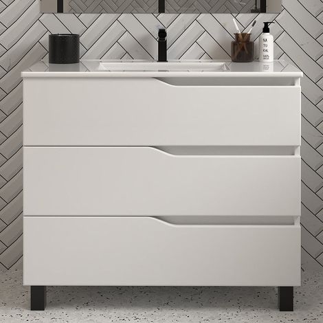Meuble de salle de bain 80cm simple vasque - sans miroir - 3 tiroirs - blanc - MATA (1/4)