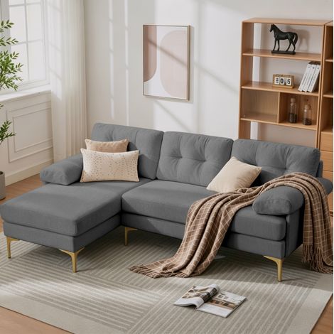 Sofá angular 3 plazas con chaise longue reversible izquierda/derecha, tapizado en chenilla, gris