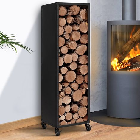 Leñero vertical de acero negro macizo H. 112 cm para chimeneas con ruedas (1/5)
