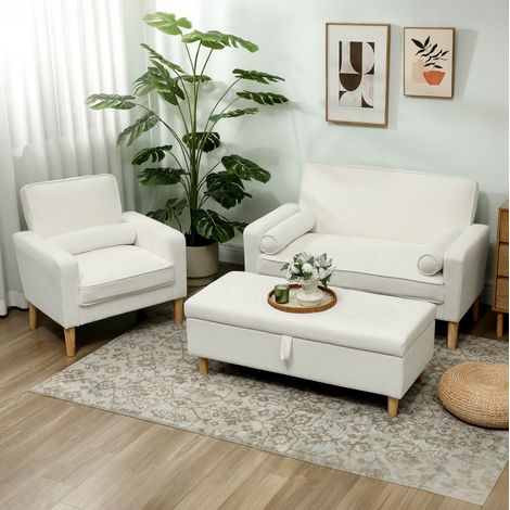 Sofá de 2 plazas de poliéster con patas de madera de caucho, 130 x 74,5 x 82 cm, blanco crema HAVRYA (1/5)