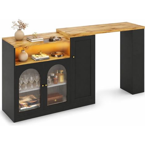 Bar pivotant 360° avec meuble de rangement, plateau effet bois, porte vitrée en verre changhong et LED, console multifonction pour cuisine ou salon - CHICFURN (1/5)