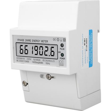 Compteur d'électricité monophasé à 2 fils avec écran LCD, 230 V CA, 5 A/100 A, montage sur rail DIN pour usage domestique (1/5)