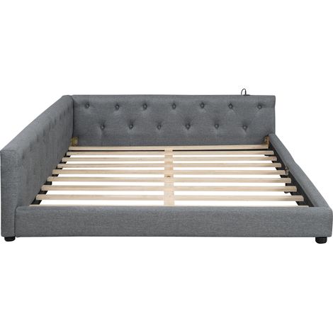 (=WX001034AAE)Canapé-lit, lit de jour, 140x200cm, canapé-lit avec sommier à lattes (sans matelas), éclairage d’ambiance avec télécommande, tête de lit capitonnée à boutons, USB+Type-C, lin, gris (1/5)