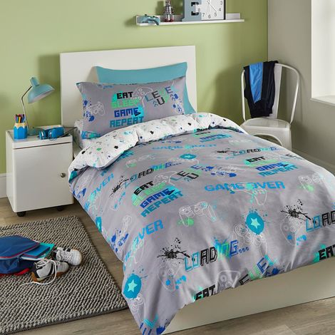 Housse de Couette Gaming Grise 200 x 140 cm 1 Taie d'oreiller Literie Brille dans Le Noir Motifs Réversibles Housse de Couette Gamer Grise Chambre Gaming (1/5)