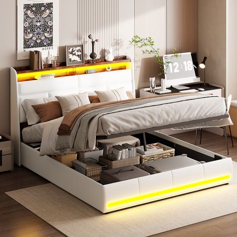 JOOKGBD-Polsterbett 160x200 cm, Doppelbett mit Stauraum und Hydraulik, LED-Beleuchtung und USB-Ladestation, Lattenrost, Gepolstertes Kopfteil, Jugendbett Erwachsenenbett, PU, Weiß