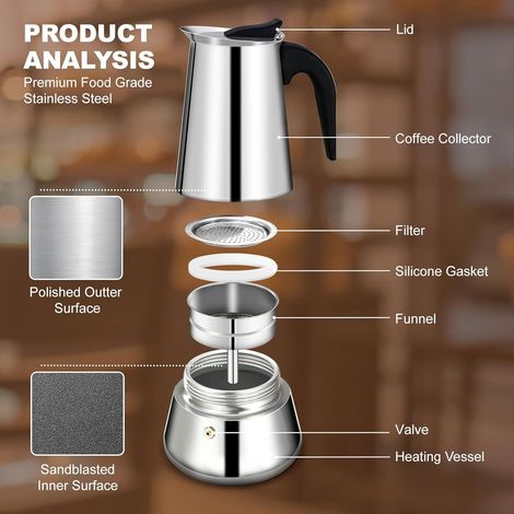 12 Tasse Stovetop Espresso Maker Stainless Steel Moka Pot Espresso Maker Percolator Italian Coffee Maker Capable Mocha Coffee Machine Cafe Classic Maker for Home et Camping 600ml 20oz - 3