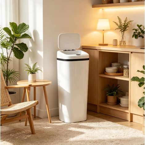 Pattumiera automatica 50 L 33x25x84 cm in acciaio inox bianco, design moderno FLORAGRACE (1/5)