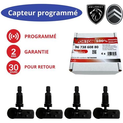 Pack 4 capteurs TPMS programmés 433MHz pour Peugeot/Citroën – réf. 9673860880, valve noire