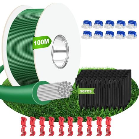100M Robotic Lawnmower Cable + 50 Pegs + 10 Cable Connectors + 10 Connection Terminals, Wire for Robotic Lawnmowers, Cable for Robotic Lawnmowers Compatible with Gardena/Bosch/Worx/Yard Force etc (1/5)