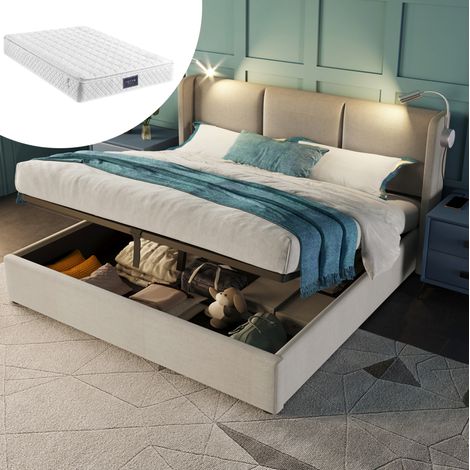 MEUBLIV Lit double rembourré avec coffre de rangement lampe de lecture USB tête de lit en tissu lin beige 140 x 200 cm avec sommier à lattes (1/5)