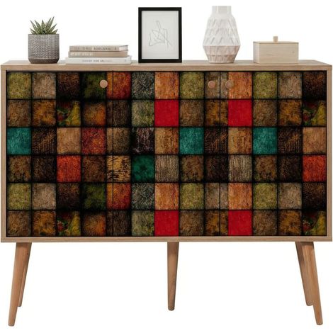 Dmora - Credenza Nunki, Buffet da soggiorno, Madia da salotto, Dispensa da cucina, 120x36h90 cm, Quercia e Multicolore, con imballo rinforzato, con imballo rinforzato