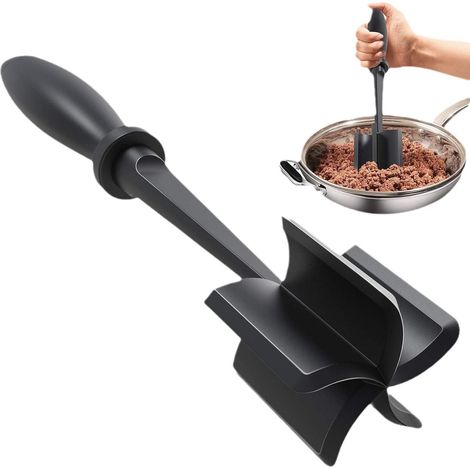 Presse-purée en nylon pour viande et pommes de terre, résistant à la chaleur et adapté aux poêles antiadhésives, ustensile de cuisine durable de 28 cm avec poignée ergonomique, noir. (1/5)