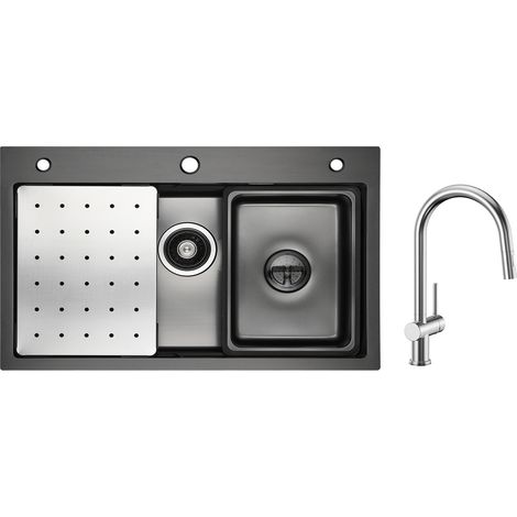Lavello 1 Vasca Antracite 70×45 cm con Gocciolatoio, Vaschetta e Dosatore Sapone + Miscelatore Cucina con Doccia Estraibile Spazzolata (1/5)