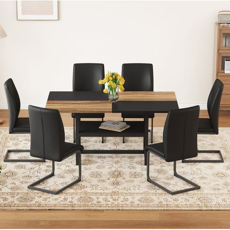 Ensemble de salle à manger MDF décor bois et métal noir, table 160x90 cm avec étagère intégrée et 6 chaises en PU noir (1/5)
