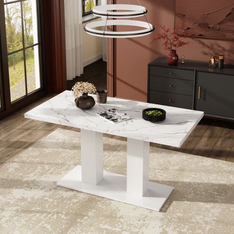 Table à manger extensible rectangulaire blanc 140-180x70 cm, plateau épais, pour salle à manger, cuisine, salon (1/5)