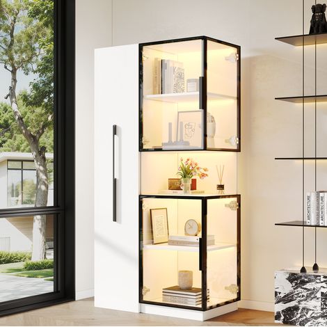 Vitrina de cristal 70 x 38 x 160 cm con LED y almacenamiento lateral, mueble alto de MDF y vidrio - blanco (1/5)