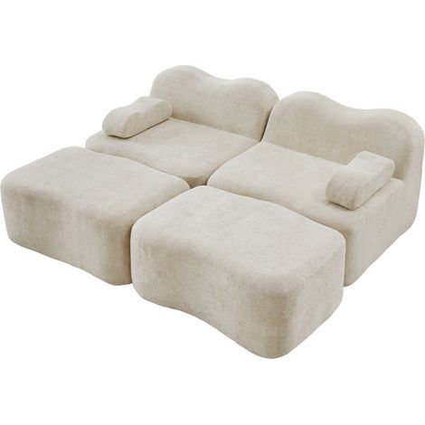 Canapé modulaire sans armature 2 places avec 2 ottomans, en mousse haute densité 32D, coussin d’accoudoir mobile, pour salon et appartement, design antidérapant, beige (1/5)