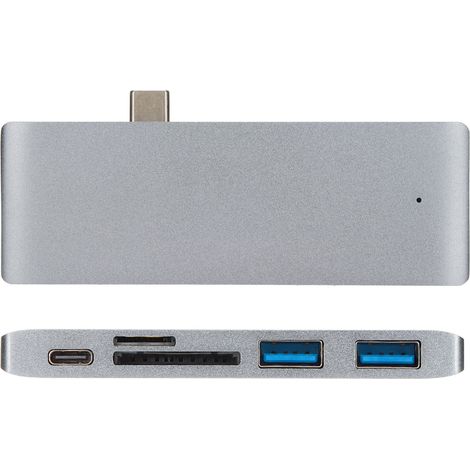 Hub USB-C pour MacBook, adaptateur USB-C 5 en 1 avec port USB-C et deux ports USB 3.0, lecteur de cartes TF et SD (gris). (1/5)