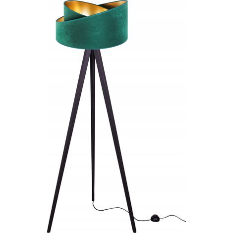 Stehlampe mit Dreibein, goldener Samt-Lampenschirm