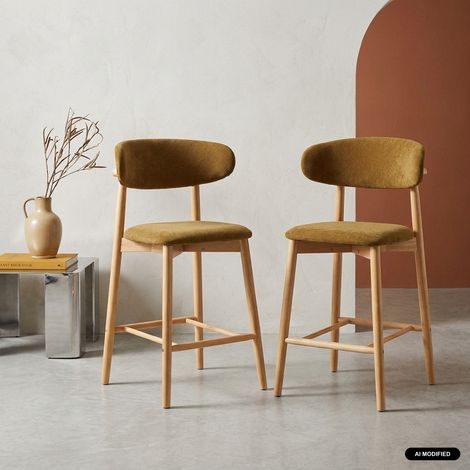 Lot de 2 tabourets de bar en bois d'hévéa naturel et tissu chenille - Paola Naturel / Moutarde