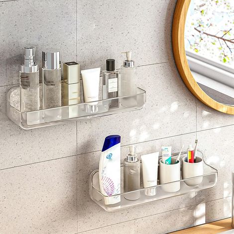 2 Pièces Etagere Douche Sans Percage, Porte Shampoing Douche Adhésive, Étagère Murale Salle de Bain Sans Percer, Support Gel Douche Séchage Rapide pour Salle de Bain (Long-Transparent) (1/5)