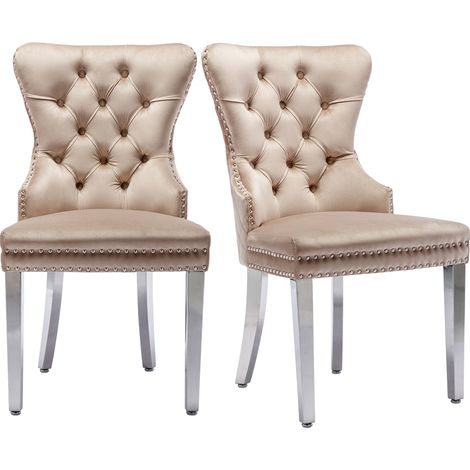Set de 2 sillas de comedor tapizadas en terciopelo beige con patas de metal y tachuelas MODENUIT (1/5)