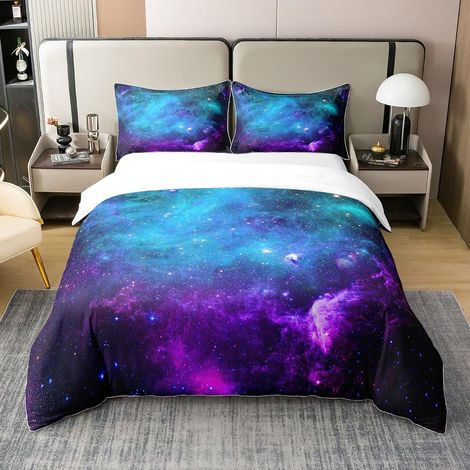Parure de lit 100 % coton - Avec housse de couette de 135 x 200 cm et 1 taie d'oreiller - Motif extérieur - Pour garçons, filles, adolescents - Bleu sarcelle et violet (1/5)